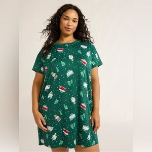 Joyspun Green Retro Van Snowflake Short Sleeve Sleep Dress w/ Pockets Large XL